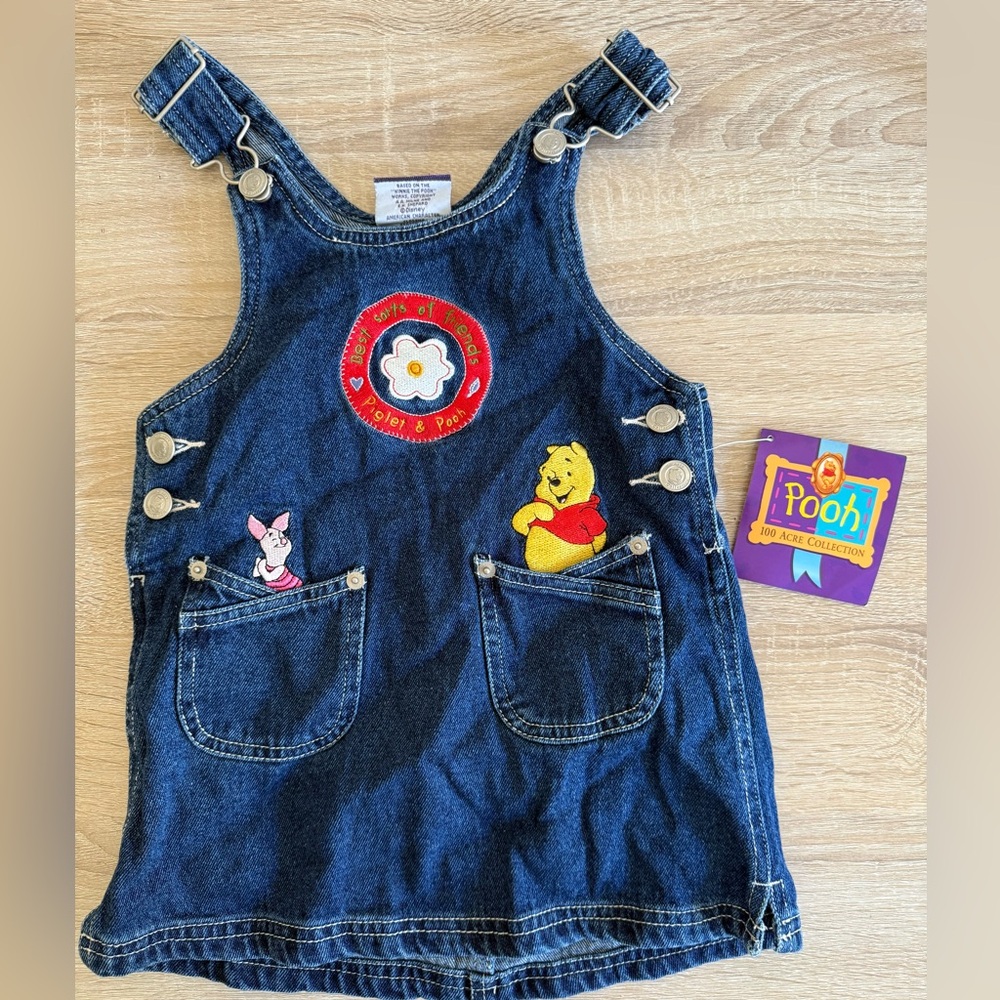 NWT Vintage Winnie the Pooh Denim Overall Dress Sz 4T Embroidered Piglet Pooh